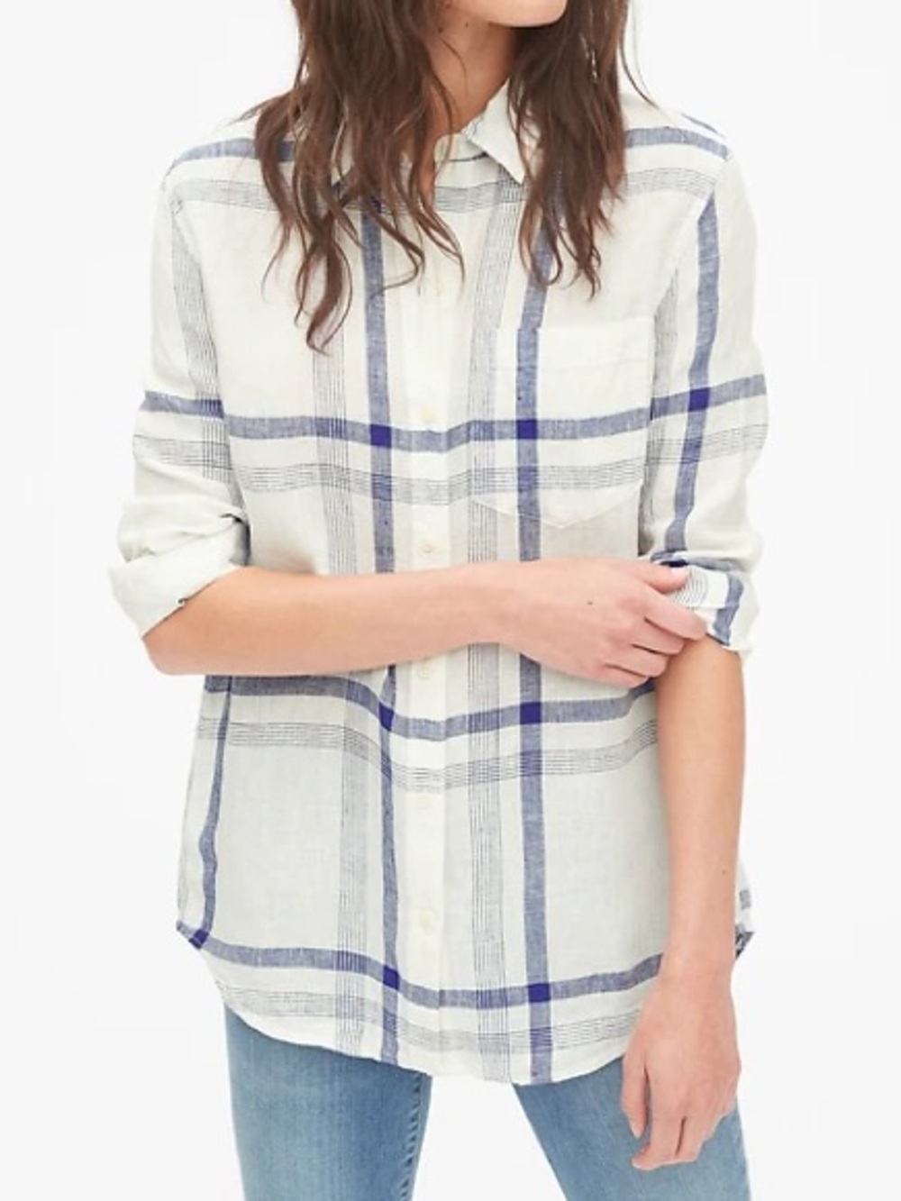 GAP 100% Linen Boyfriend Shirt Plaid White & Blue Women’s Size Large Lightweight